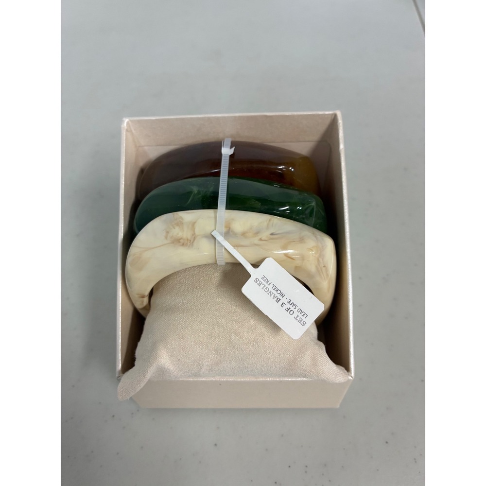 Set of 3 Chunky Resin Bangles Cream Green Brown Marbled Stackable Bracelets NIB